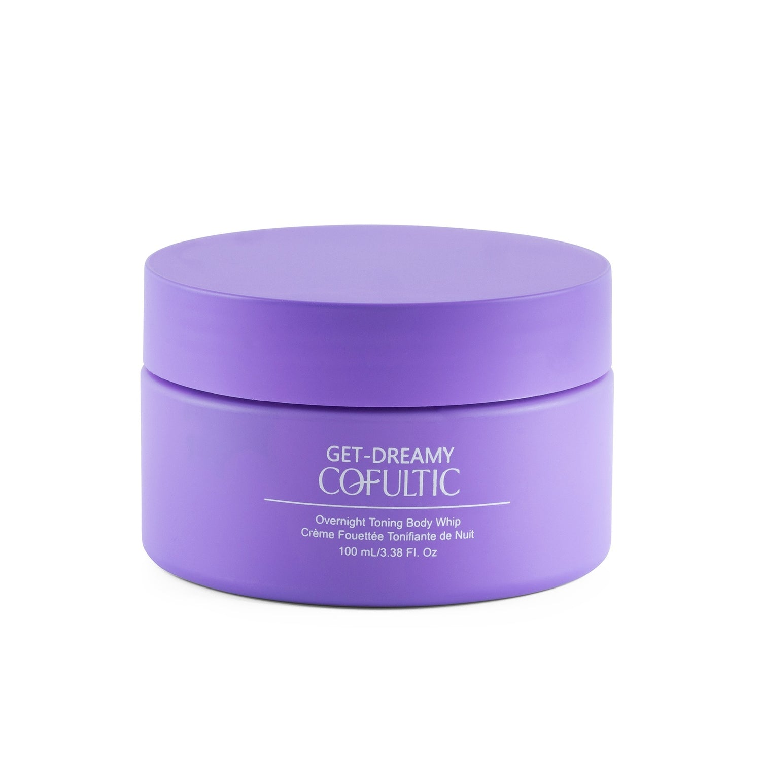 Purple jar of 'GET DREAMY COFULTIC' body whip on a white background
